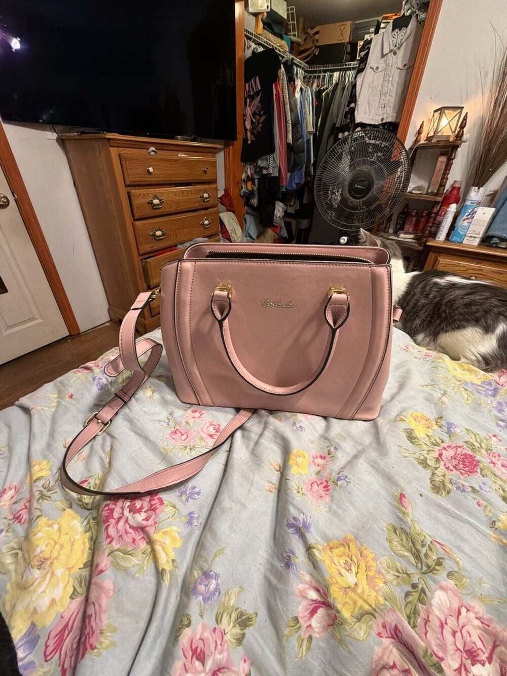 Bostanten Pink Faux Leather Satchel Handbag with Shoulder Strap